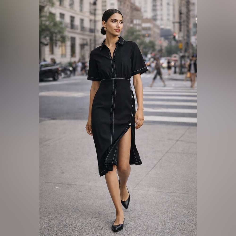 Anthropologie Black Midi Shirt Dress with Contrast Stitching